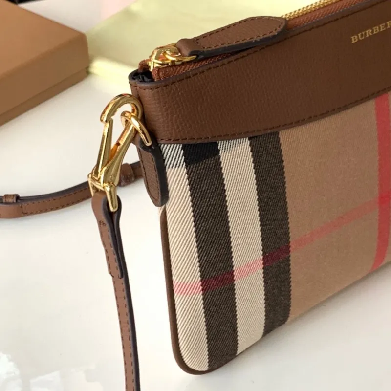 Burberry Brown Leather Check Crossbody Bag - Image 6