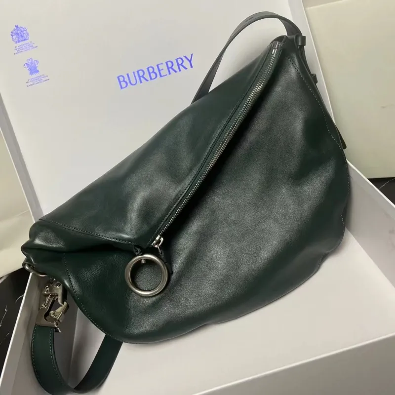 Burberry Dark Green Leather Hobo Shoulder Bag