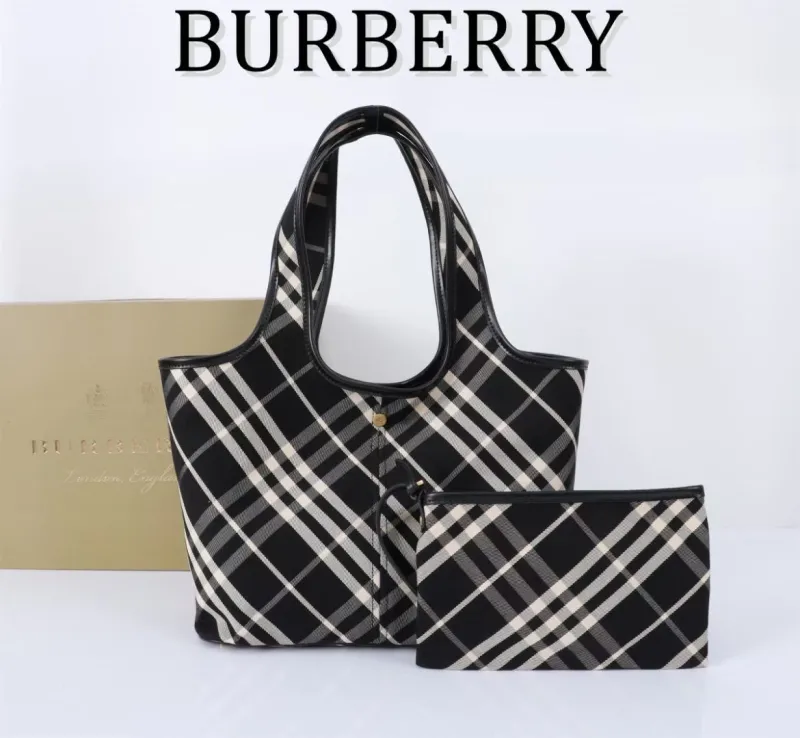 Burberry Black Check Tote Bag with Pouch