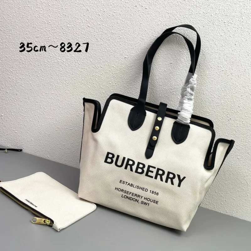 Burberry 8327 Cream Black Canvas Tote Bag with Pouch