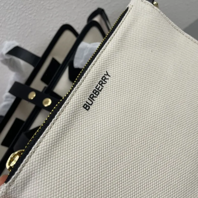 Burberry 8327 Cream Black Canvas Tote Bag with Pouch - Image 9