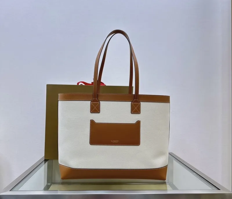 Burberry White Brown Canvas Leather Tote Bag