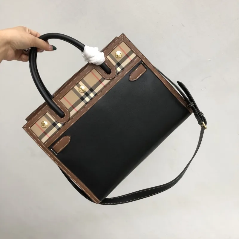 Burberry Black Brown Check Leather Tote Bag 46