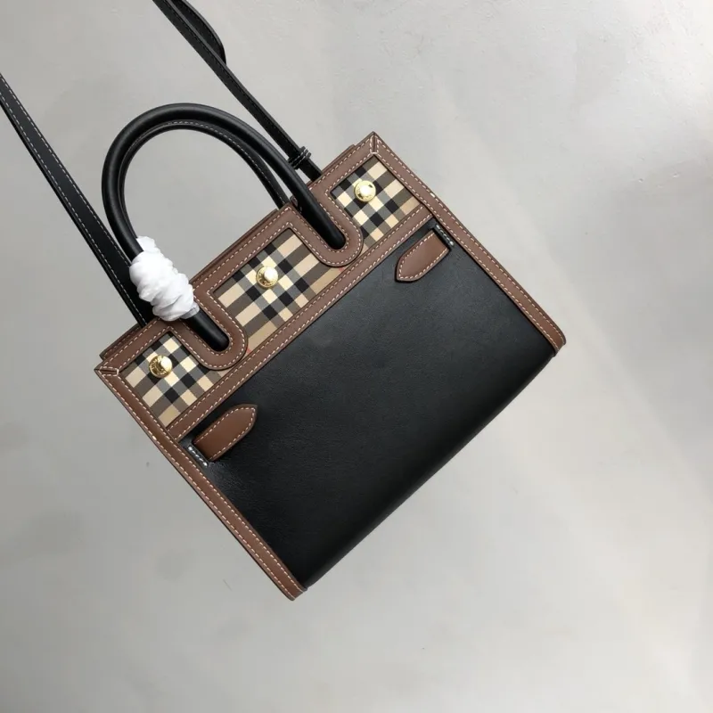 Burberry Black Leather Check Tote Handbag