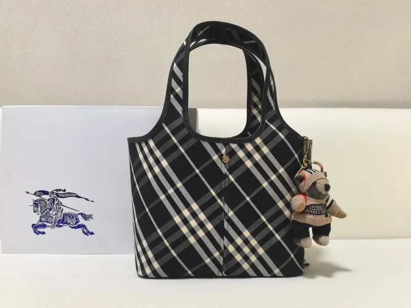 Burberry Black Check Tote Bag with Bear Charm