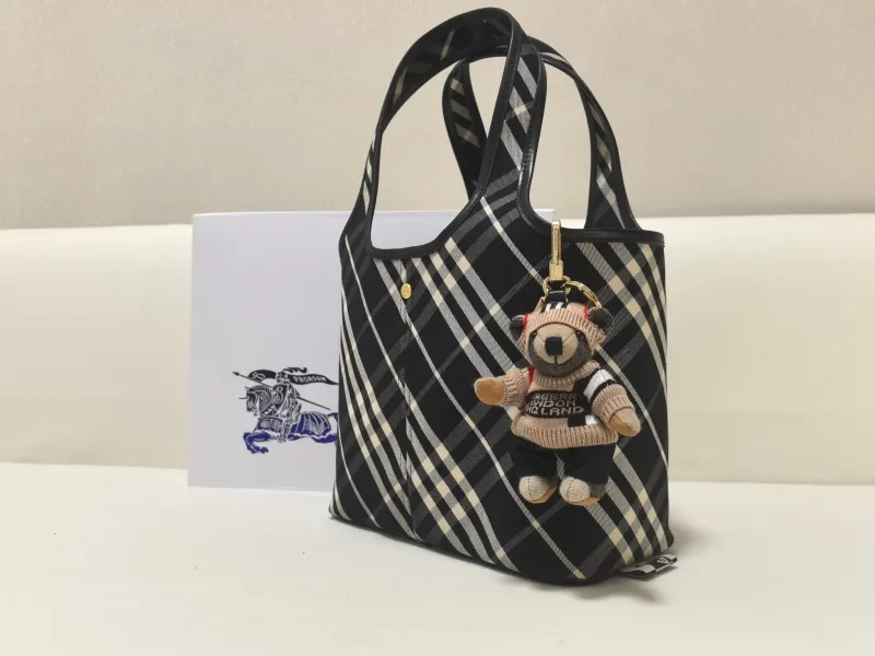 Alternative view of Burberry Black Check Tote Bag with Bear Charm