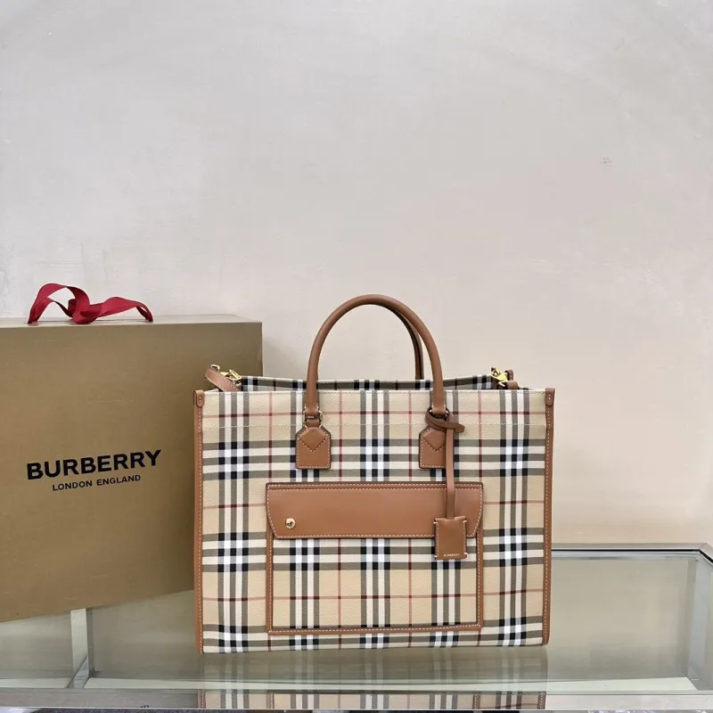 Burberry Vintage Check Tote Bag with Brown Leather Trim