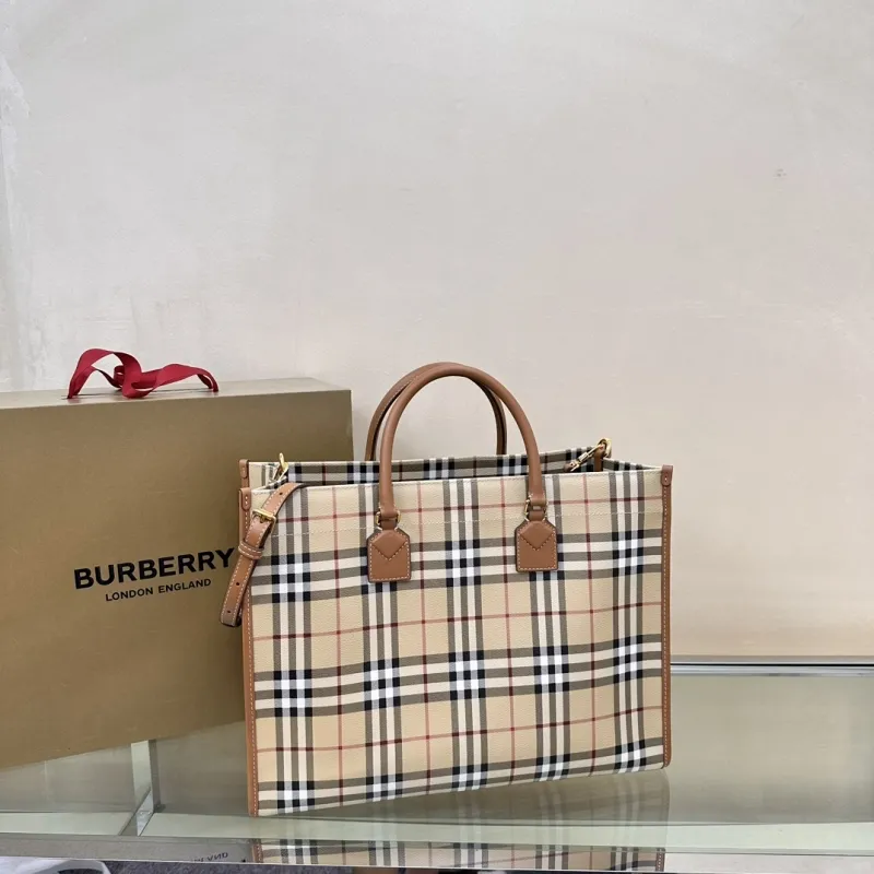 Alternative view of Burberry Vintage Check Tote Bag with Brown Leather Trim