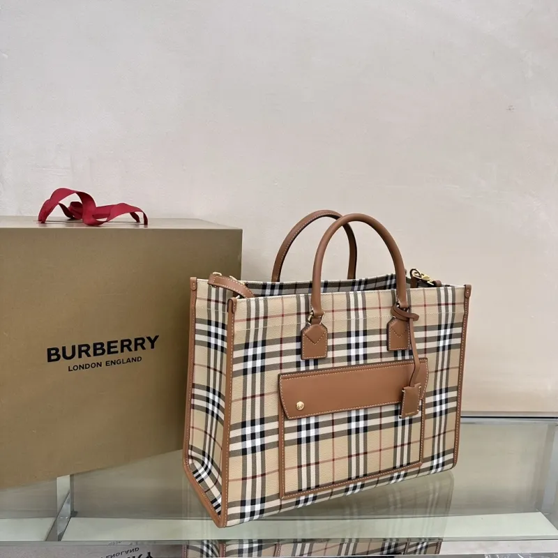 Burberry Vintage Check Tote Bag with Brown Leather Trim - Image 3