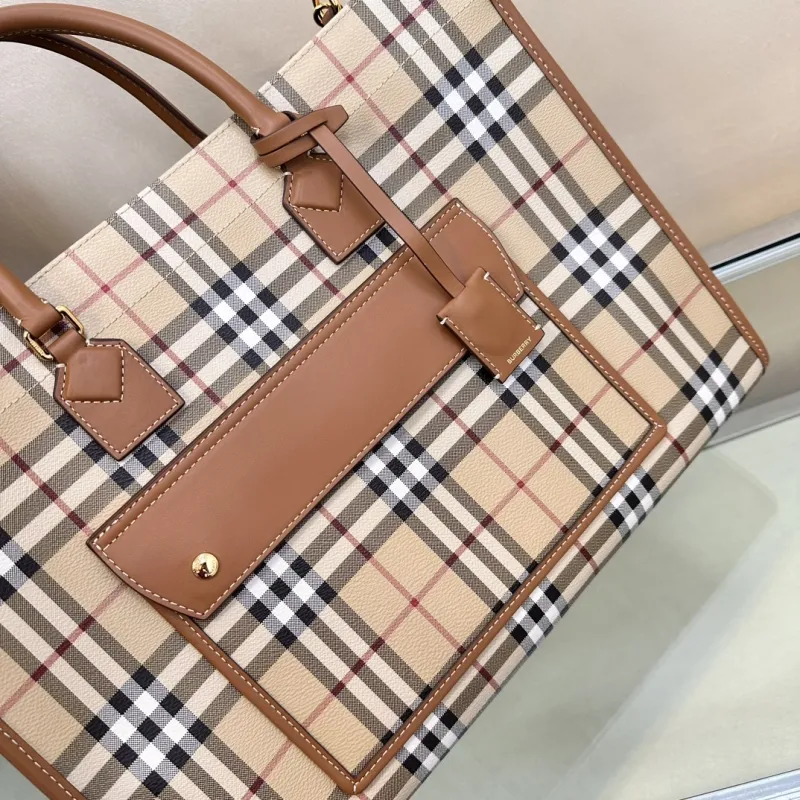 Burberry Vintage Check Tote Bag with Brown Leather Trim - Image 5