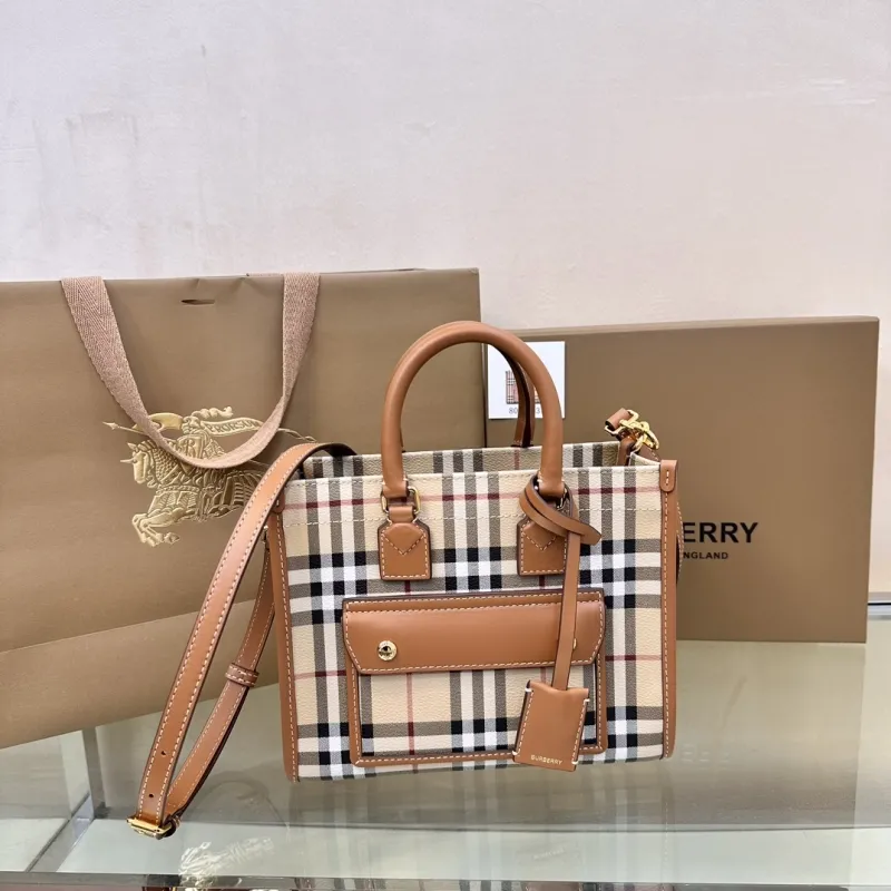 Burberry Vintage Check Small Leather Trim Tote Bag