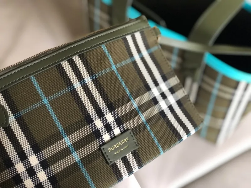 Burberry Olive Check Tote Bag with Matching Pouch - Image 5