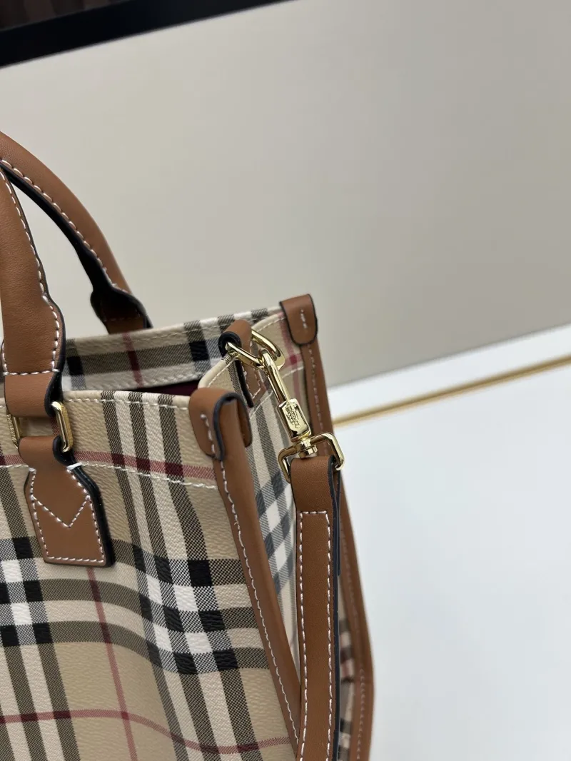 Burberry Check Tote Bag 8571 Brown Leather Crossbody - Image 6