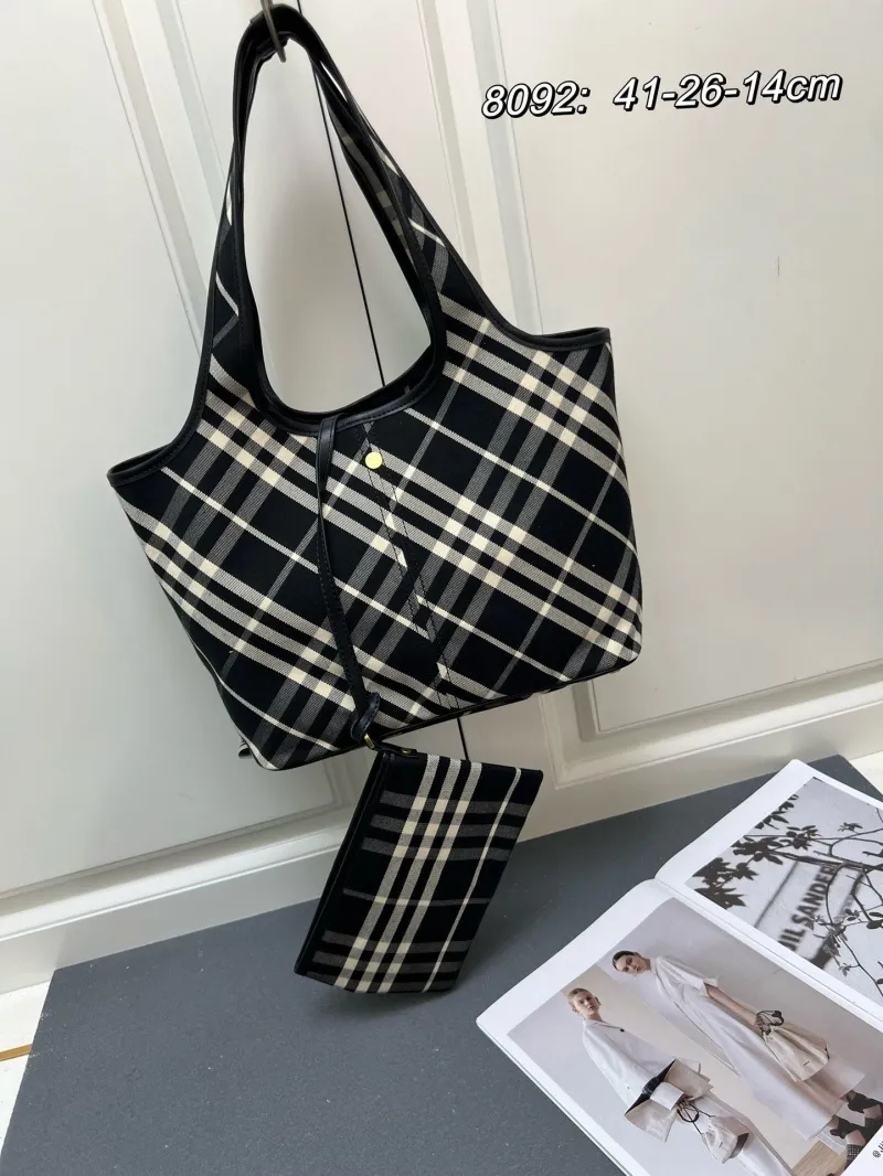 Burberry 8092 Black Check Tote Bag with Pouch