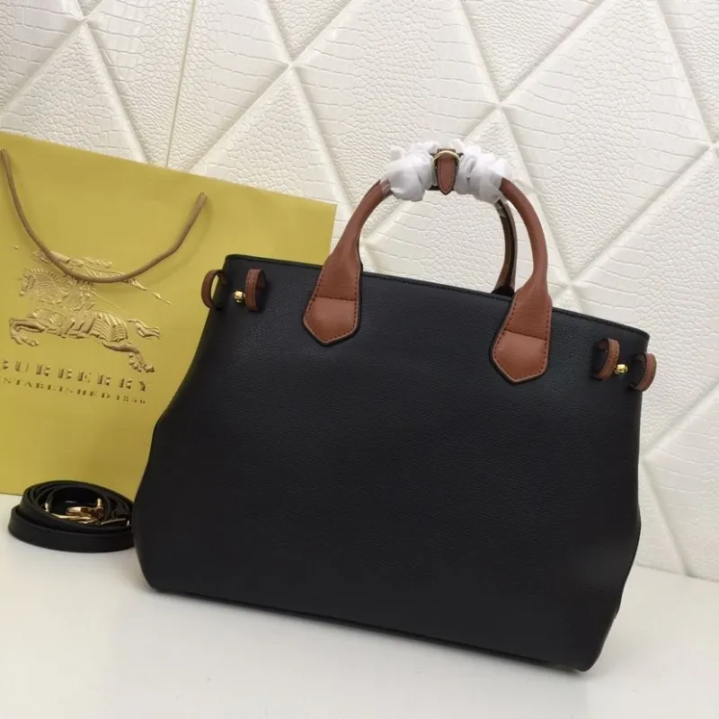 Burberry Black Leather Tote Handbag with Brown Handles - Image 3