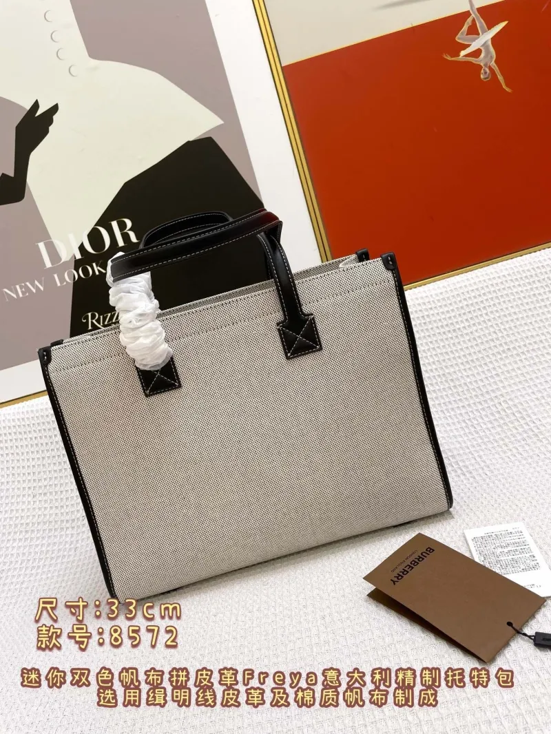 Burberry Freya Canvas Leather Tote Bag Beige Black 33cm - Image 3