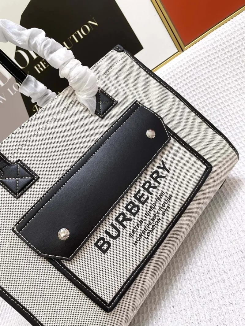 Burberry Freya Canvas Leather Tote Bag Beige Black 33cm - Image 4