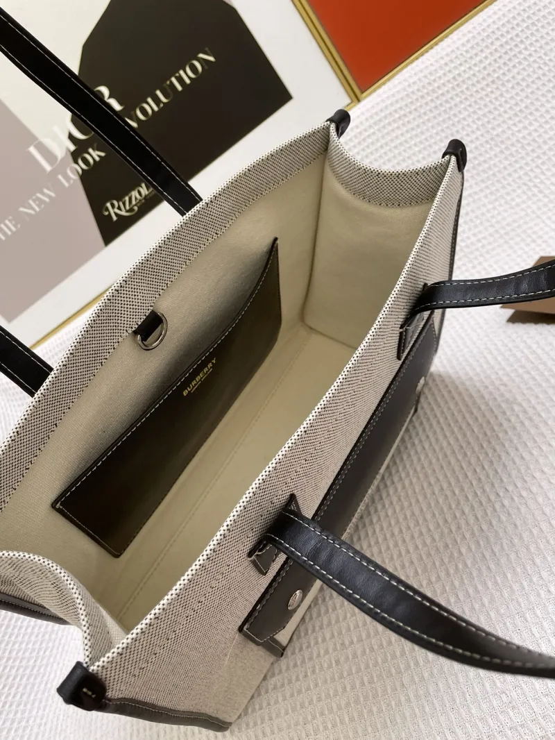 Burberry Freya Canvas Leather Tote Bag Beige Black 33cm - Image 8
