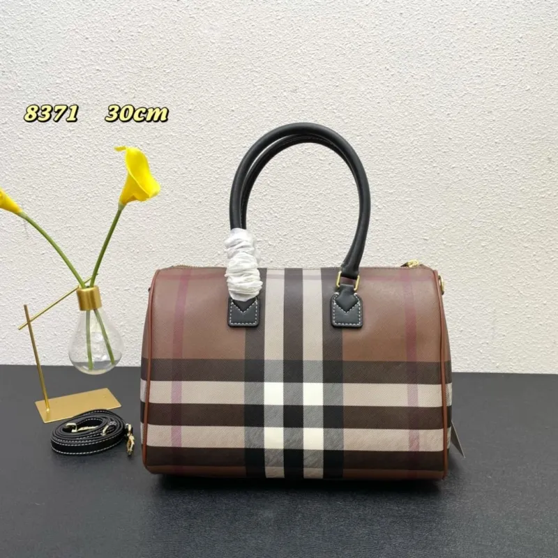 Burberry 8371 Brown Check Boston Handbag 30cm - Image 3