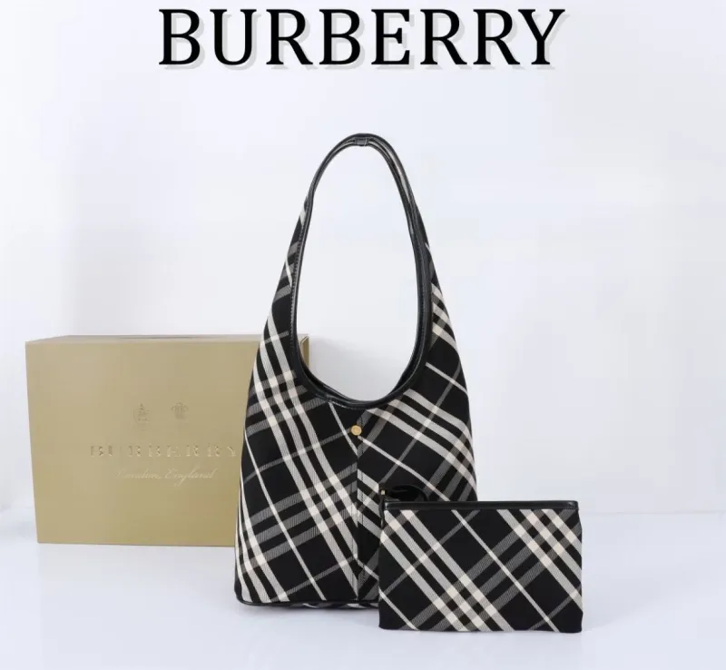 Burberry Black Check Hobo Shoulder Bag with Pouch