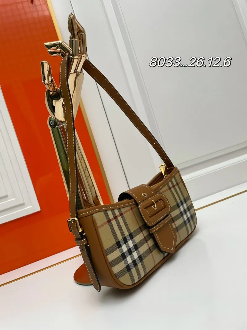 Burberry Plaid Shoulder Bag Brown Leather Trim - Image 3