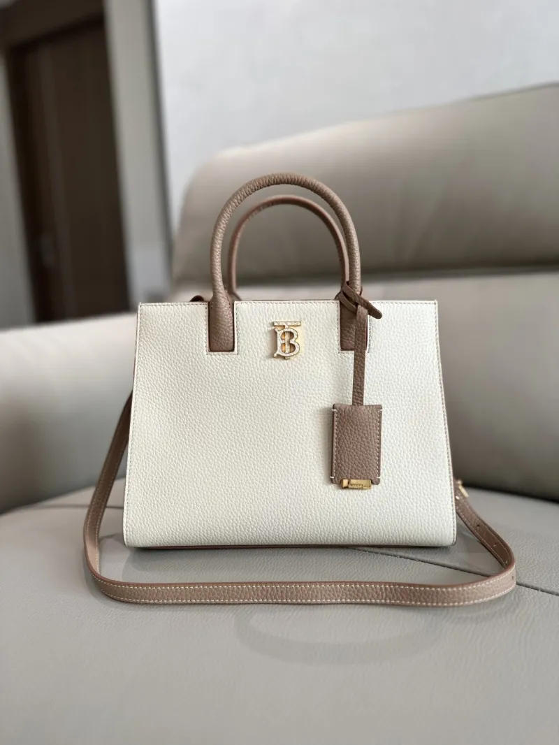 Burberry White Taupe Leather Top Handle Tote Bag