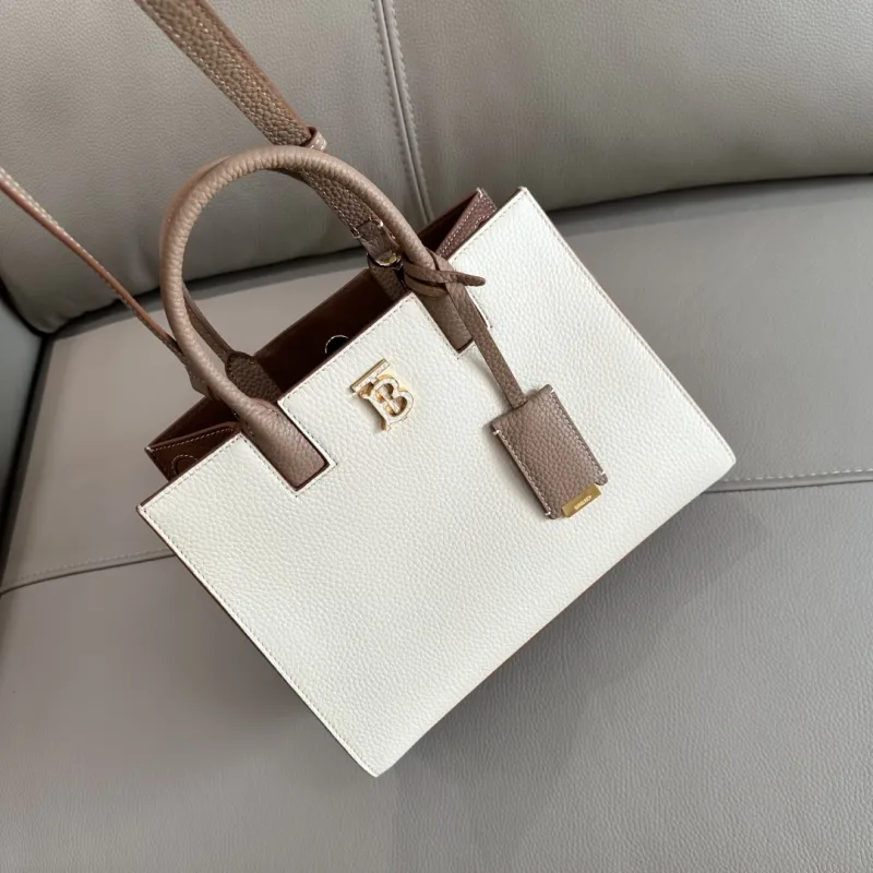 Burberry White Taupe Leather Top Handle Tote Bag - Image 3