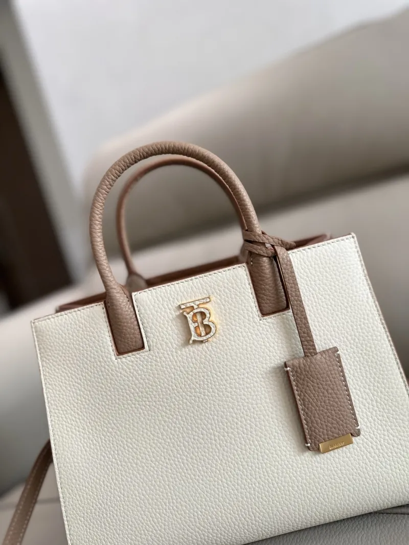 Burberry White Taupe Leather Top Handle Tote Bag - Image 4