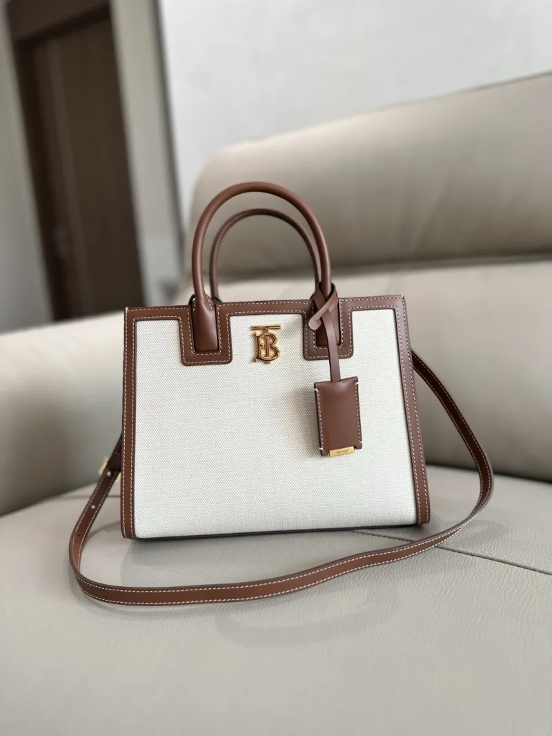 Burberry White Brown Canvas Leather Tote Bag