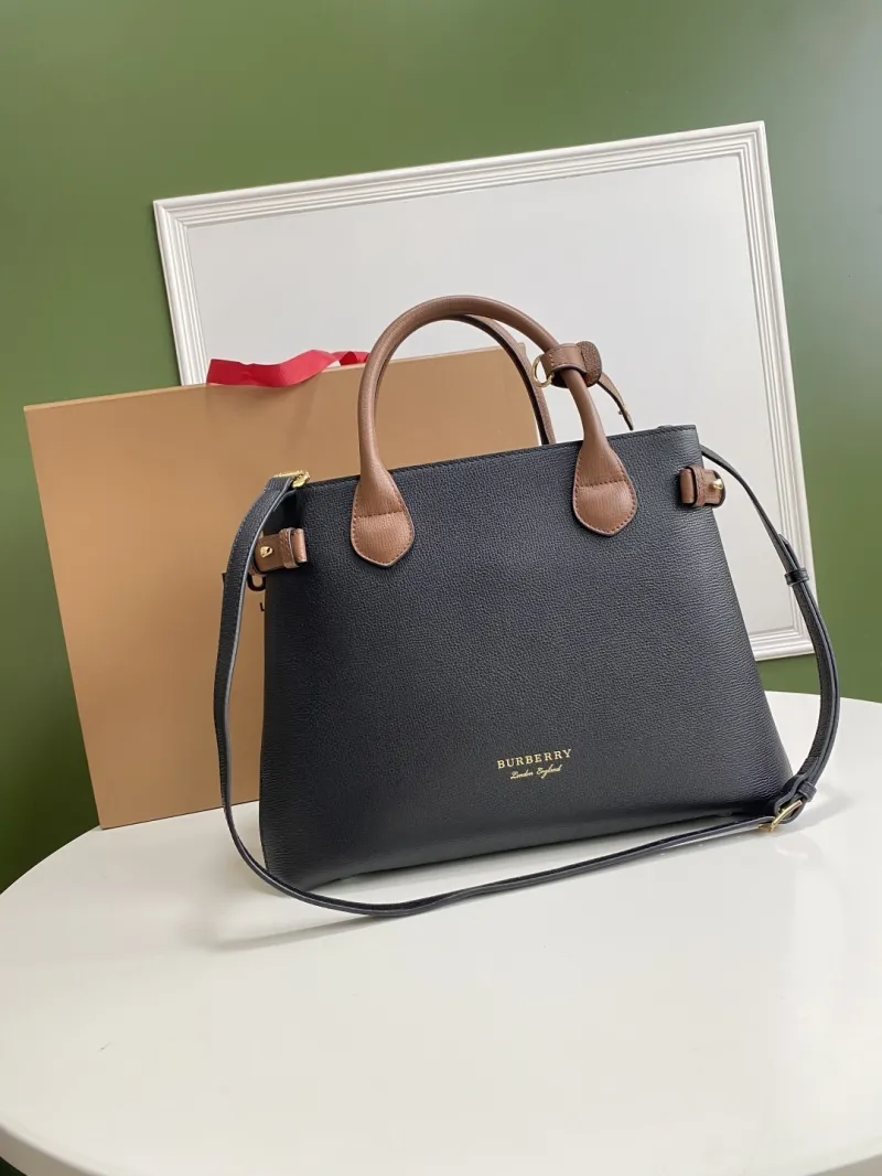 Burberry Black Brown Leather Top Handle Tote Bag