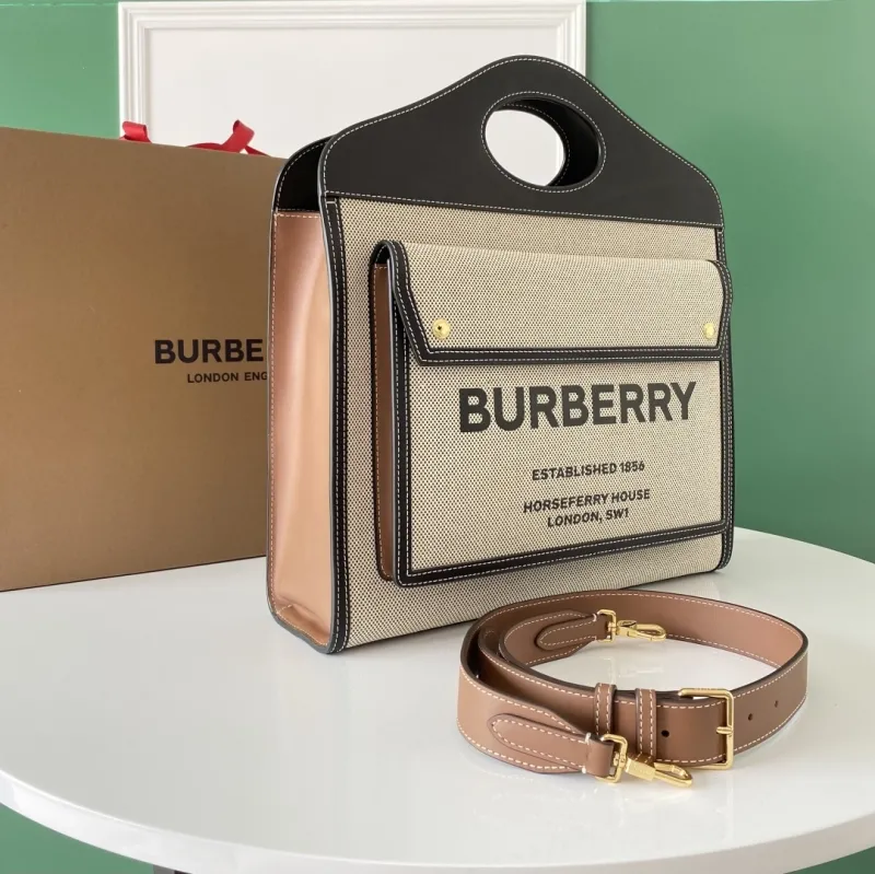 Burberry Beige Black Canvas Top Handle Bag - Image 3
