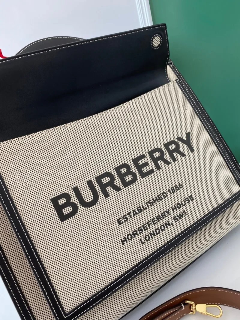 Burberry Beige Black Canvas Top Handle Bag - Image 4