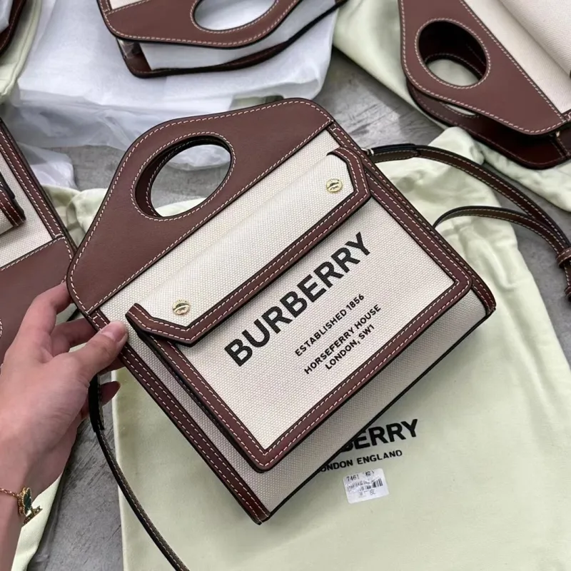 Burberry Beige Brown Canvas Crossbody Top Handle Bag