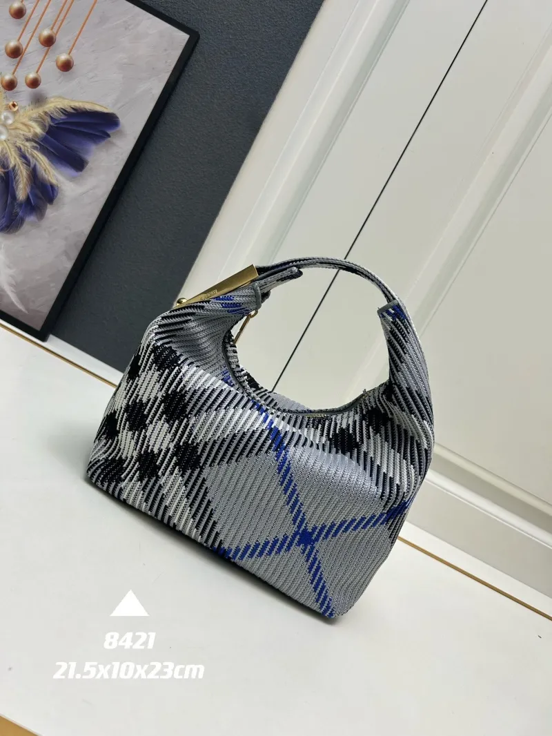 Burberry 8421 Gray Blue Plaid Top Handle Hobo Bag