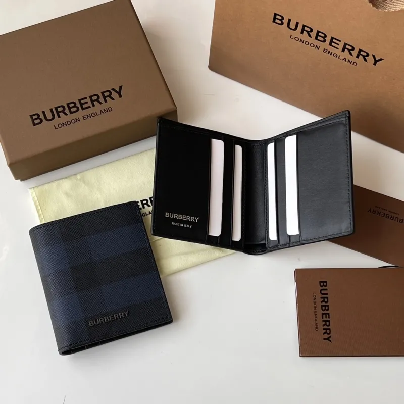 Burberry Dark Blue Check Bifold Leather Wallet