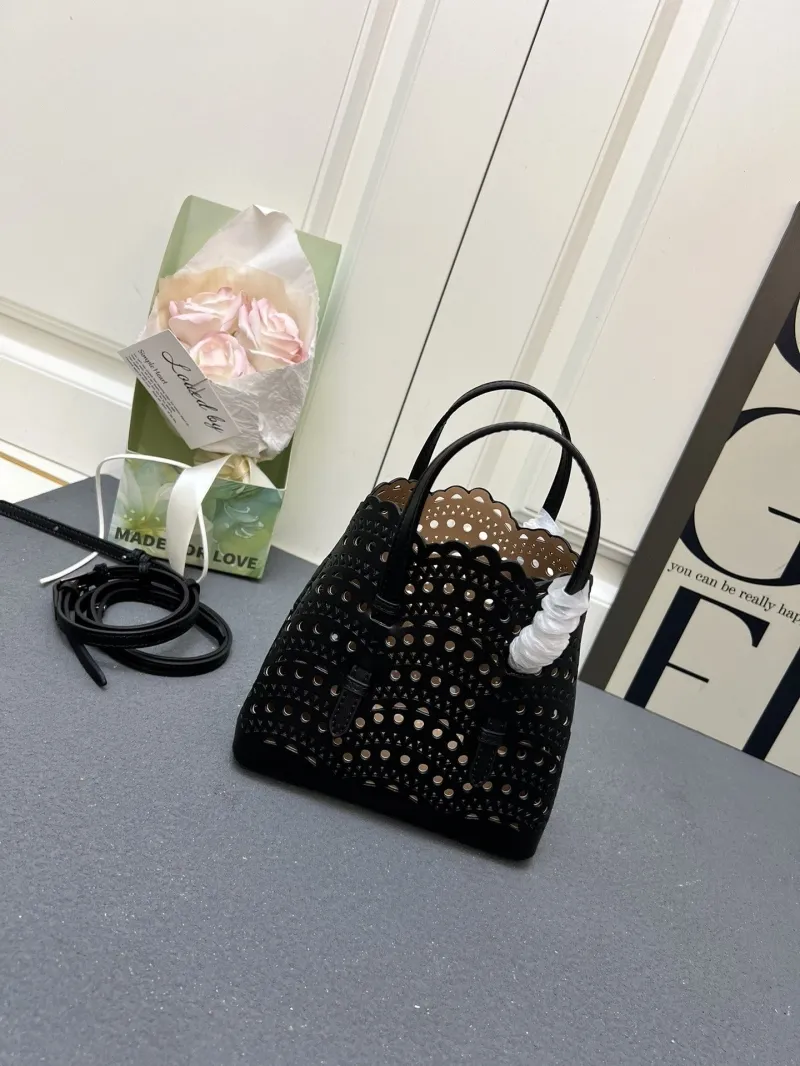 Alaia Black Perforated Mini Shopping Tote Bag - Image 3