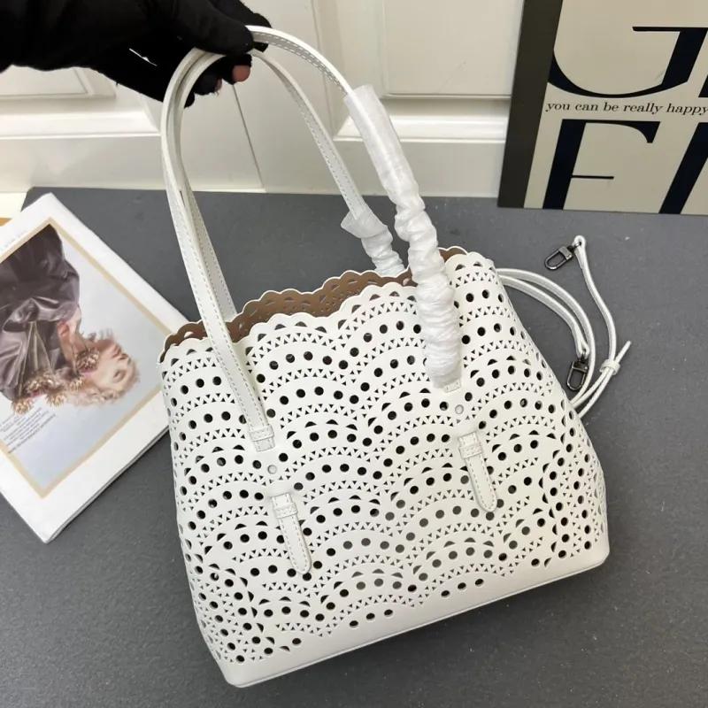 Alaia White Laser Cut Tote Bag with Small Pouch - Image 4