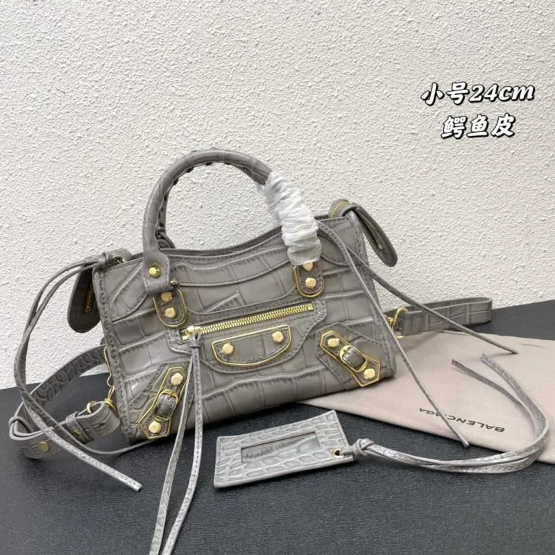 Balenciaga Small Classic City Gray Croc Leather Bag