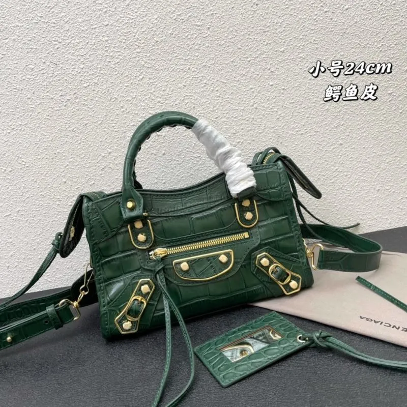 Balenciaga Small Green Crocodile Embossed Classic City Handbag