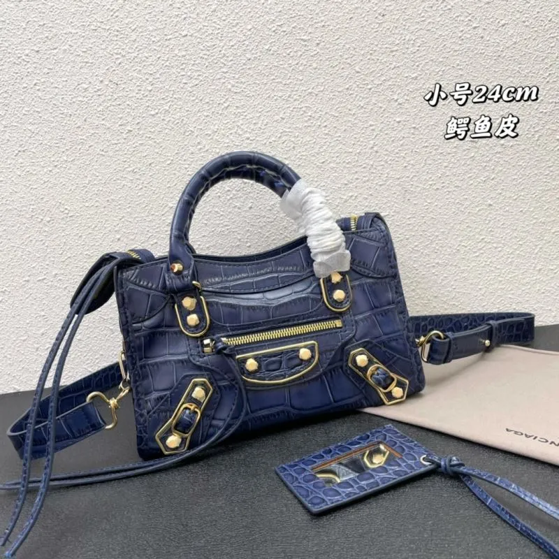 Balenciaga Small 24cm Navy Crocodile Leather Classic City Handbag