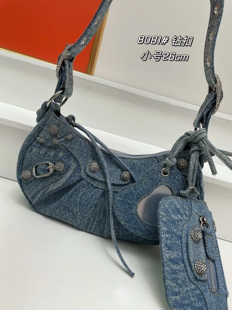Balenciaga Blue Denim Rhinestone Satchel Bag Small 8081 - Image 3