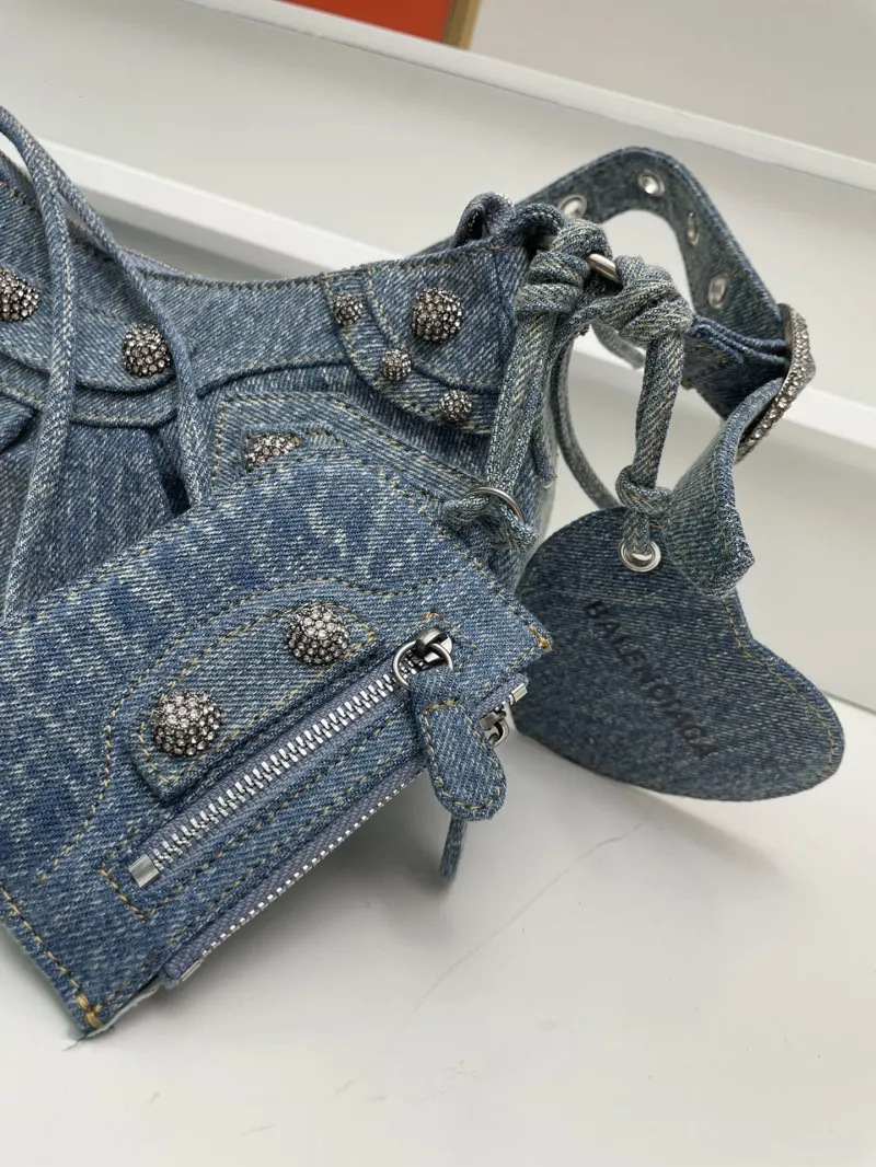 Balenciaga Blue Denim Rhinestone Satchel Bag Small 8081 - Image 5