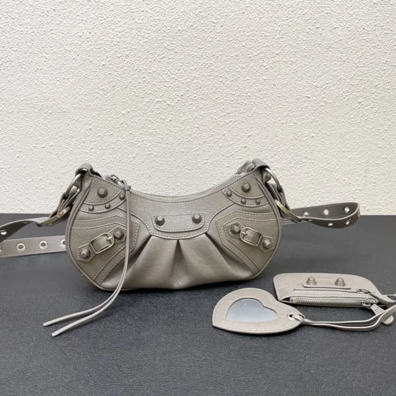 Balenciaga Gray Leather Shoulder Bag with Mini Pouch