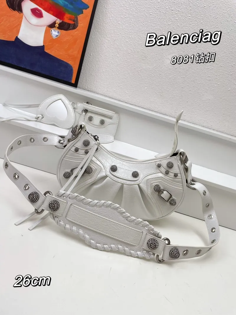 Balenciaga 8081 White Rhinestone Shoulder Bag 26cm