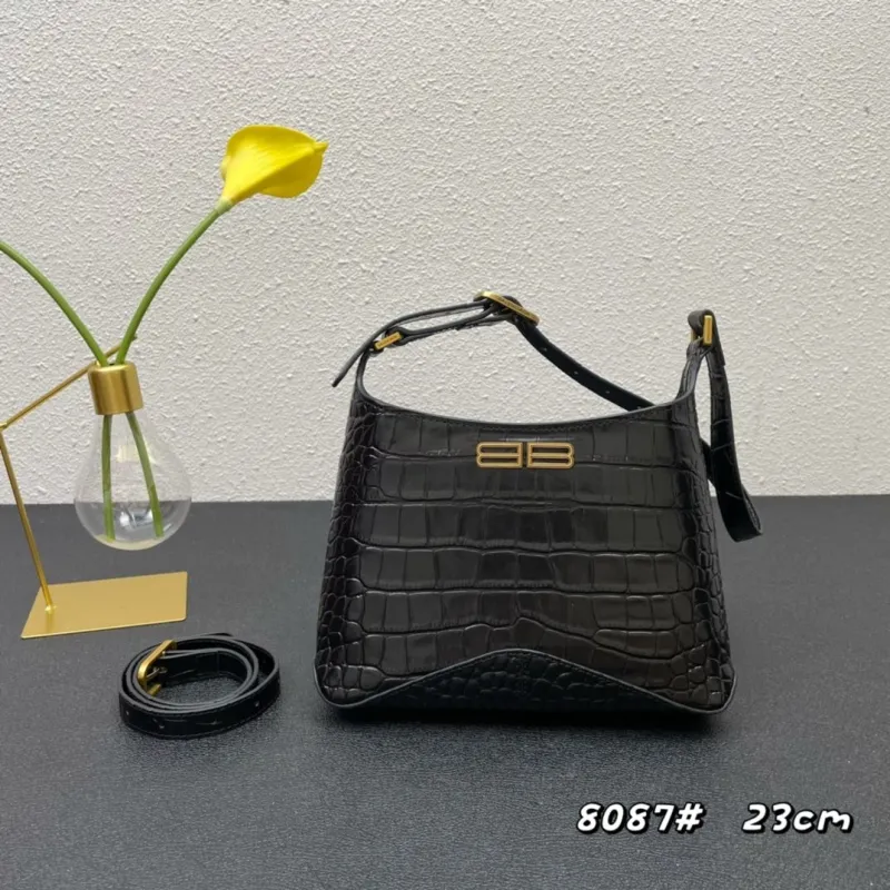 Balenciaga Black Crocodile Shoulder Bag 8087 23cm