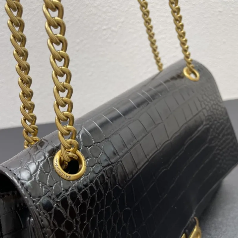 Balenciaga Black Crocodile Embossed Chain Shoulder Bag 8915 - Image 6