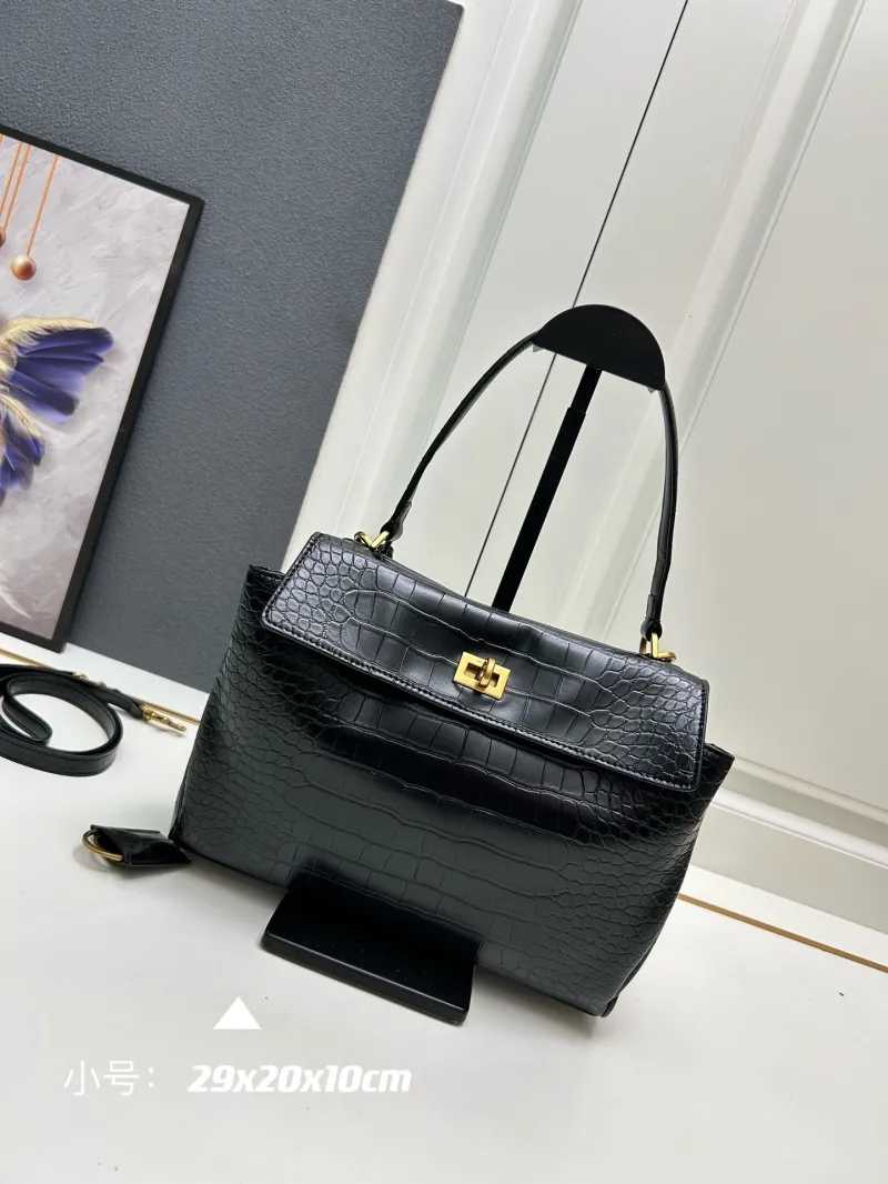Balenciaga Small Black Crocodile Embossed Top Handle Bag