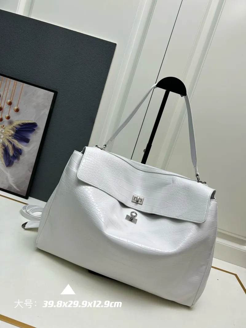 Balenciaga Large White Croc Embossed Top Handle Bag