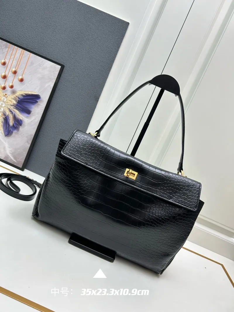 Balenciaga Black Medium Crocodile Embossed Top Handle Bag