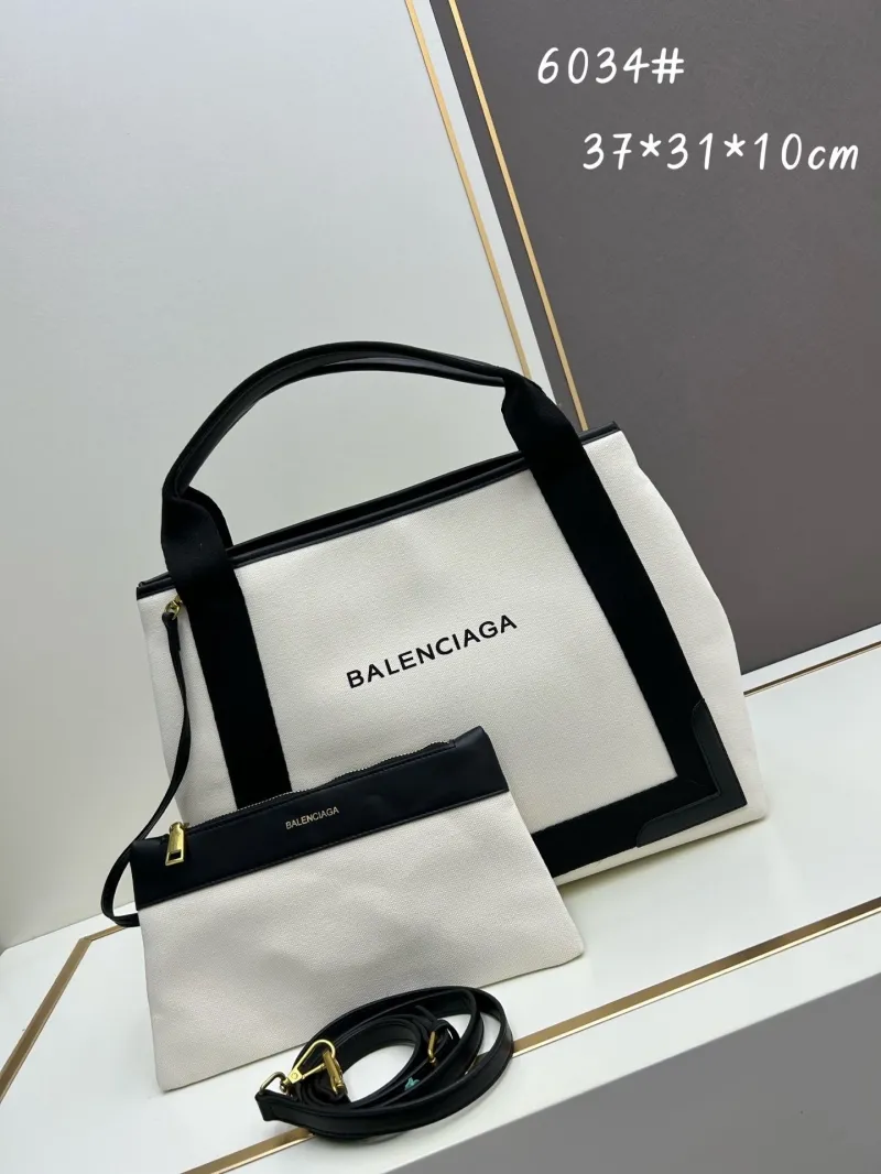 Balenciaga White Black Canvas Tote Bag with Small Pouch 6034